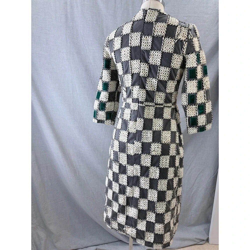 Sara Navon‎ Womens Grey Cream Checkered Velvet Accent Sheath Midi Dress Small